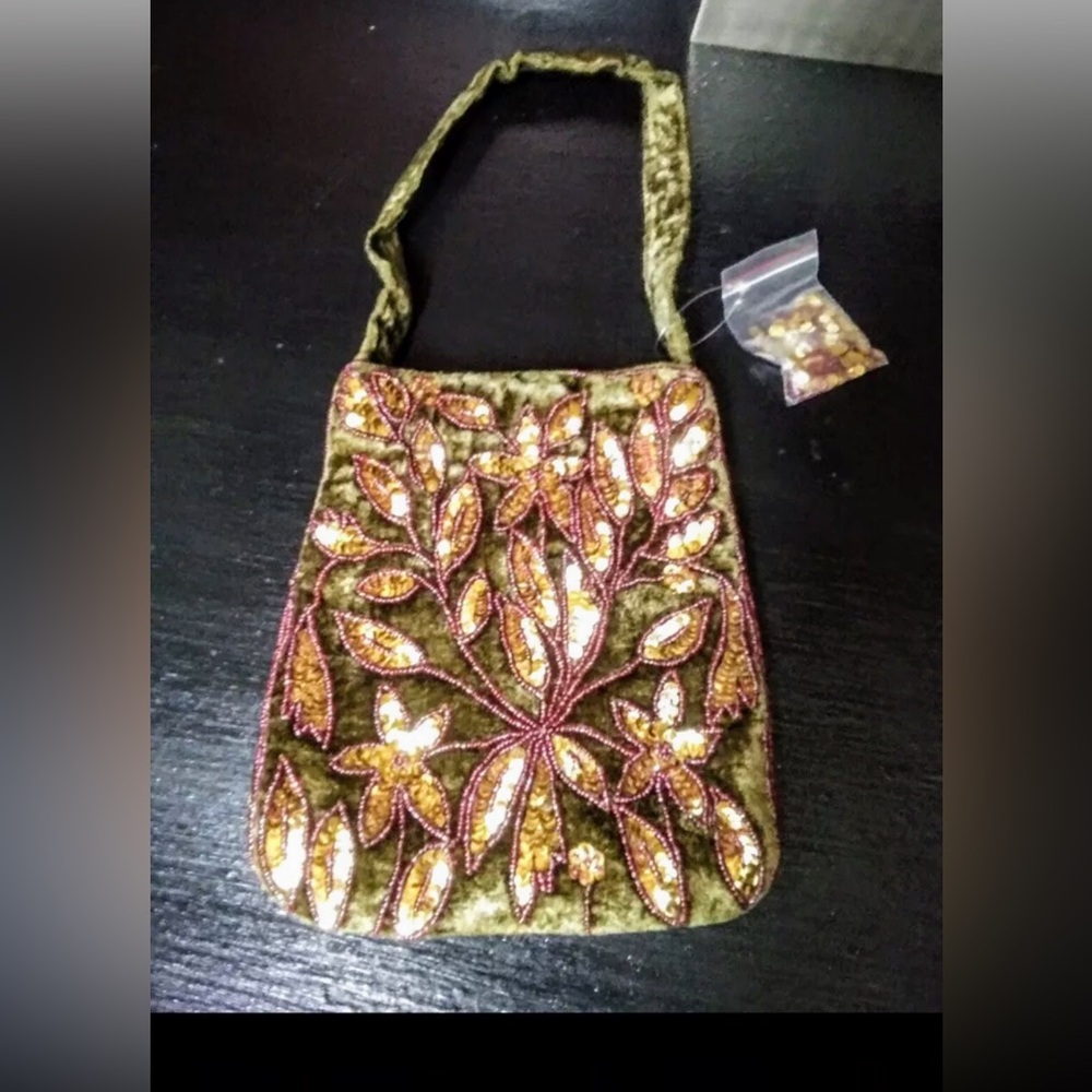 **FINAL!**NWT $228 Chan Lu Olive Green Velvet Floral Sequined Evening Bag